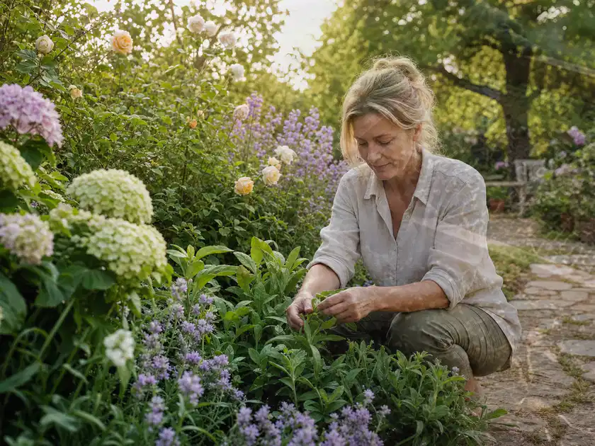 Person pflegt üppige Pflanzen in einem natürlich beleuchteten Garten; Thema Bodendecker, Schwerpunkt Kaufberatung; Titelbild.