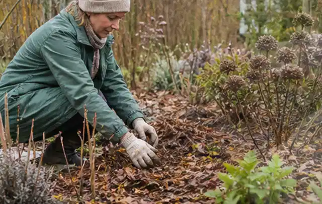 Person verteilt eine schützende Mulchschicht zwischen winterlichen Stauden; Thema Bodendecker, Schwerpunkt Pflanzen; Ausgangslage.