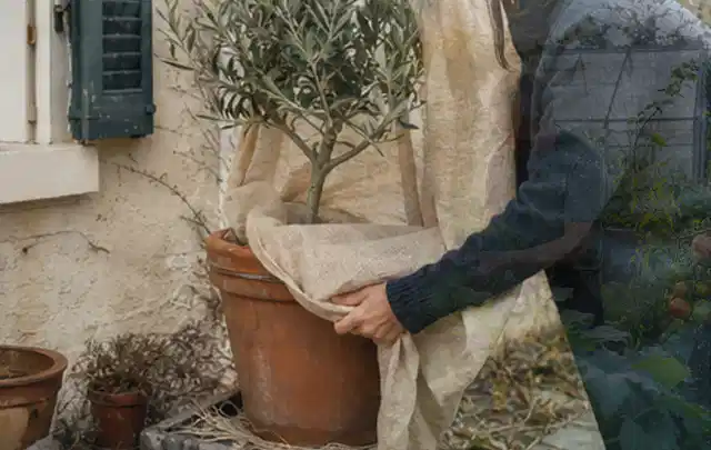 Person umhüllt eine mediterrane Kübelpflanze mit atmungsaktivem Winterschutz; Thema Bodendecker, Schwerpunkt Pflanzengesundheit; Kontrolle.
