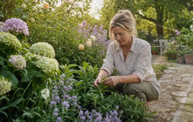 Person pflegt üppige Pflanzen in einem natürlich beleuchteten Garten; Thema Bodendecker, Schwerpunkt Pflanzpartner; Ergebnis.