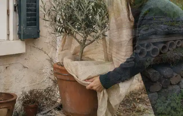 Person umhüllt eine mediterrane Kübelpflanze mit atmungsaktivem Winterschutz; Thema Bodendecker, Schwerpunkt Rückschnitt; Ergebnis.