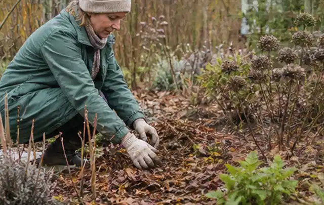 Person verteilt eine schützende Mulchschicht zwischen winterlichen Stauden; Thema Bodendecker, Schwerpunkt Sortenwahl; Praxisalltag.