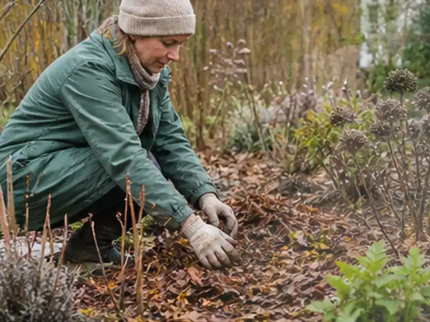 Person verteilt eine schützende Mulchschicht zwischen winterlichen Stauden; Thema Bodendecker, Schwerpunkt Standort; Titelbild.