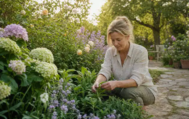Person pflegt üppige Pflanzen in einem natürlich beleuchteten Garten; Thema Bodendecker, Schwerpunkt Standort; Umsetzung.
