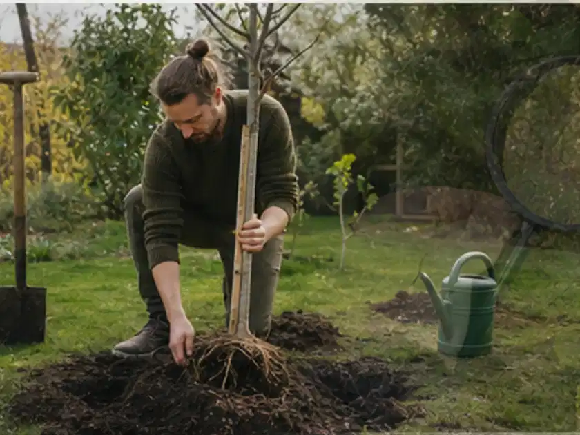 Person setzt einen jungen Zierbaum in ein vorbereitetes Pflanzloch im Garten; Thema Bodendecker, Schwerpunkt Topfkultur; Titelbild.
