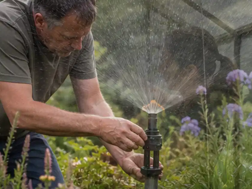Person richtet einen laufenden Gartensprenger zwischen Stauden präzise aus; Thema Bodenfeuchtesensoren, Schwerpunkt Bestenliste; Titelbild.