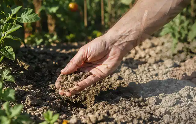 Hand prüft trockene krümelige Gartenerde während einer warmen Sommerphase; Thema Bodenfeuchtesensoren, Schwerpunkt Bestenliste; Praxisalltag.
