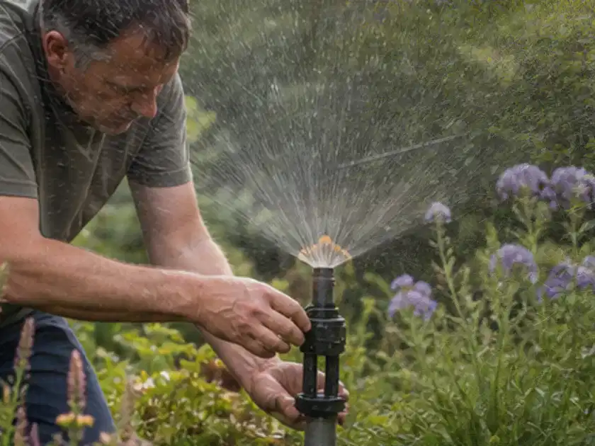 Person richtet einen laufenden Gartensprenger zwischen Stauden präzise aus; Thema Bodenfeuchtesensoren, Schwerpunkt Ersatzteile; Titelbild.