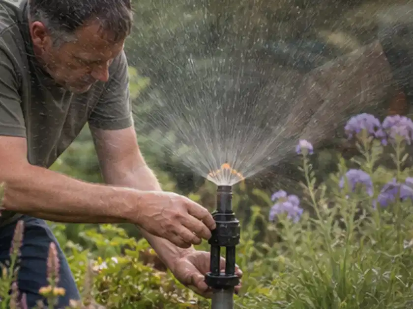 Person richtet einen laufenden Gartensprenger zwischen Stauden präzise aus; Thema Bodenfeuchtesensoren, Schwerpunkt Fehlerhilfe; Titelbild.