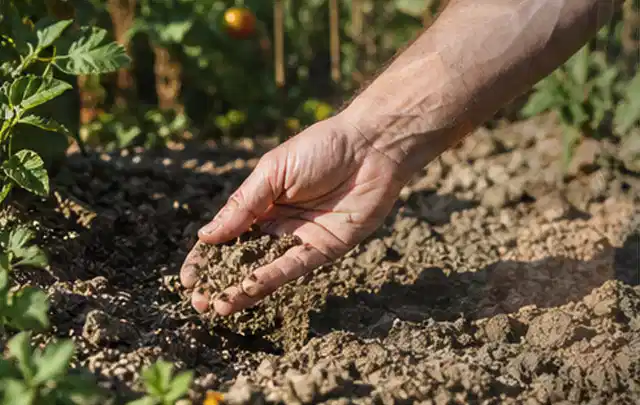 Hand prüft trockene krümelige Gartenerde während einer warmen Sommerphase; Thema Bodenfeuchtesensoren, Schwerpunkt Fehlerhilfe; Ausgangslage.
