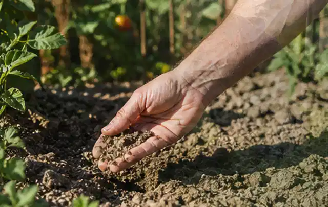 Hand prüft trockene krümelige Gartenerde während einer warmen Sommerphase; Thema Bodenfeuchtesensoren, Schwerpunkt Gärten mit großer Fläche; Ausgangslage.