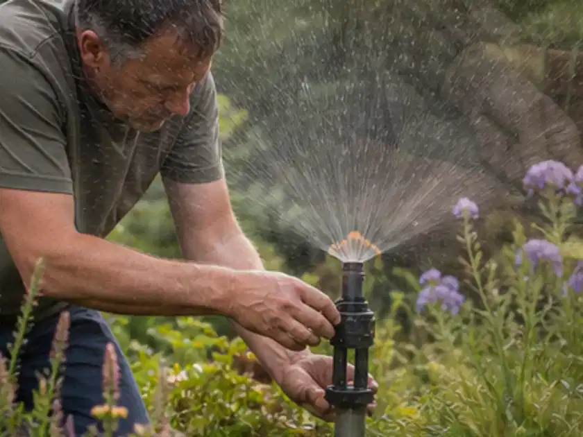 Person richtet einen laufenden Gartensprenger zwischen Stauden präzise aus; Thema Bodenfeuchtesensoren, Schwerpunkt Gärten mit kleiner Fläche; Titelbild.