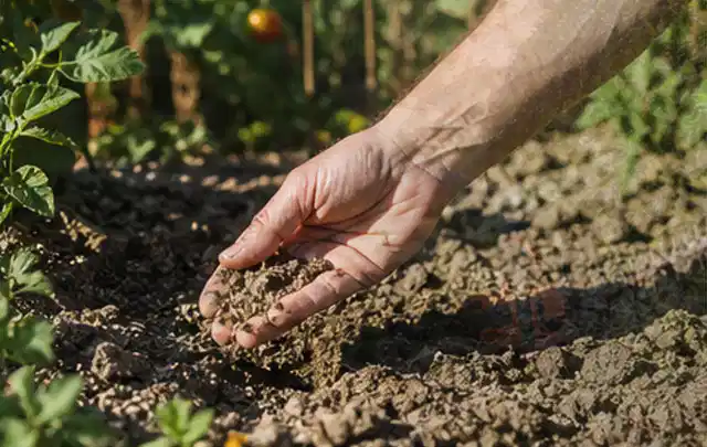 Hand prüft trockene krümelige Gartenerde während einer warmen Sommerphase; Thema Bodenfeuchtesensoren, Schwerpunkt Kaufberatung; Praxisalltag.