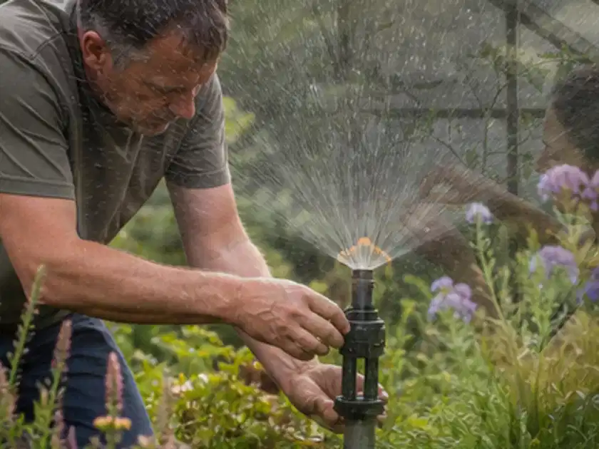 Person richtet einen laufenden Gartensprenger zwischen Stauden präzise aus; Thema Bodenfeuchtesensoren, Schwerpunkt Kosten; Titelbild.