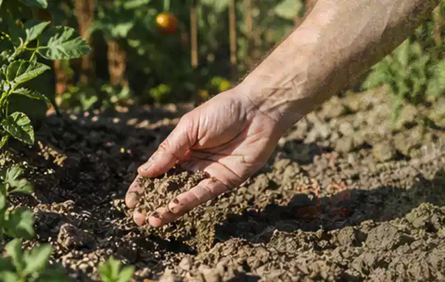 Hand prüft trockene krümelige Gartenerde während einer warmen Sommerphase; Thema Bodenfeuchtesensoren, Schwerpunkt Leistung; Kontrolle.