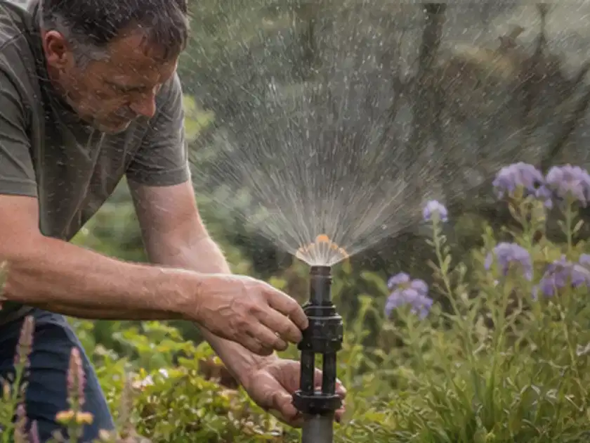 Person richtet einen laufenden Gartensprenger zwischen Stauden präzise aus; Thema Bodenfeuchtesensoren, Schwerpunkt Nachhaltigkeit; Titelbild.