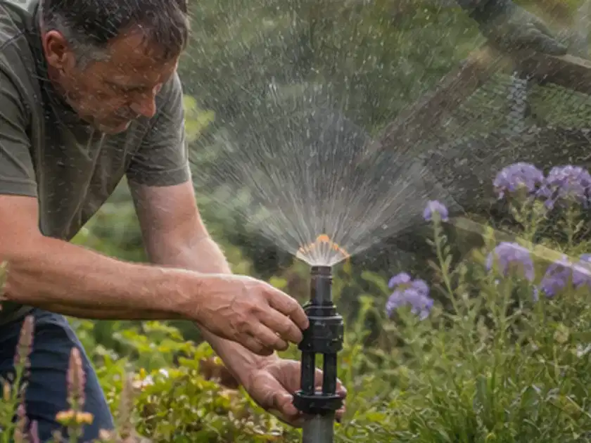 Person richtet einen laufenden Gartensprenger zwischen Stauden präzise aus; Thema Bodenfeuchtesensoren, Schwerpunkt Systemvergleich; Titelbild.