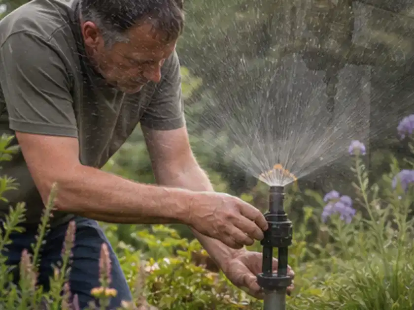 Person richtet einen laufenden Gartensprenger zwischen Stauden präzise aus; Thema Bodenfeuchtesensoren, Schwerpunkt Wartung; Titelbild.