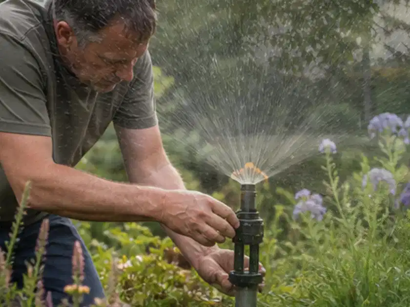 Person richtet einen laufenden Gartensprenger zwischen Stauden präzise aus; Thema Bodenfeuchtesensoren, Schwerpunkt Winterlager; Titelbild.