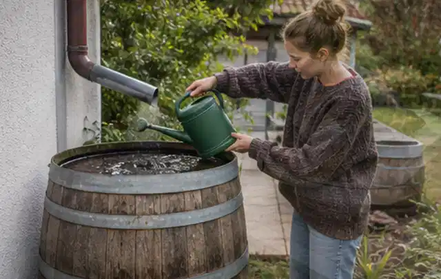 Person kontrolliert ein gefülltes Regenfass unter einem Fallrohr am Haus; Thema Bodenfeuchtesensoren, Schwerpunkt Winterlager; Kontrolle.