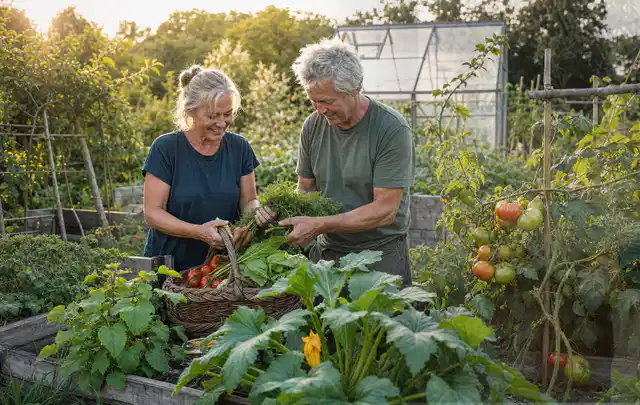 Zwei Personen ernten gemeinsam Gemüse in einem sonnigen Nutzgarten; Thema Bohnen, Schwerpunkt Einsteigerwissen; Praxisalltag.