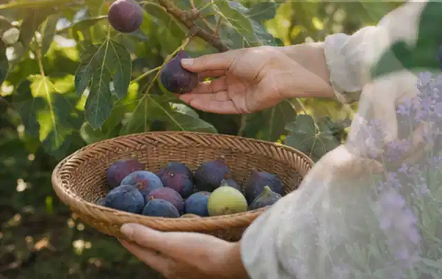 Hand pflückt eine reife Feige über einem flachen Korb mit Früchten; Thema Bohnen, Schwerpunkt Gesundheit; Ergebnis.