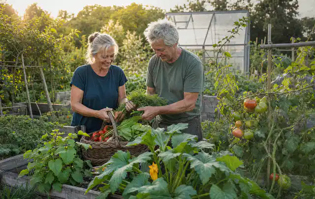 Zwei Personen ernten gemeinsam Gemüse in einem sonnigen Nutzgarten; Thema Bohnen, Schwerpunkt Gewächshaus; Ausgangslage.
