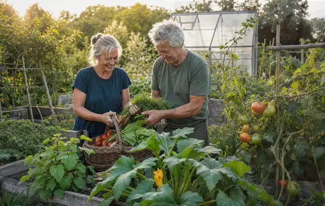 Zwei Personen ernten gemeinsam Gemüse in einem sonnigen Nutzgarten; Thema Bohnen, Schwerpunkt Saisonkalender; Kontrolle.