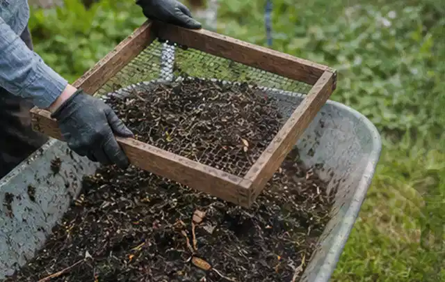 Behandschuhte Hände sieben reifen Kompost über einer Gartenschubkarre; Thema Bohnen, Schwerpunkt Schnitt; Ausgangslage.