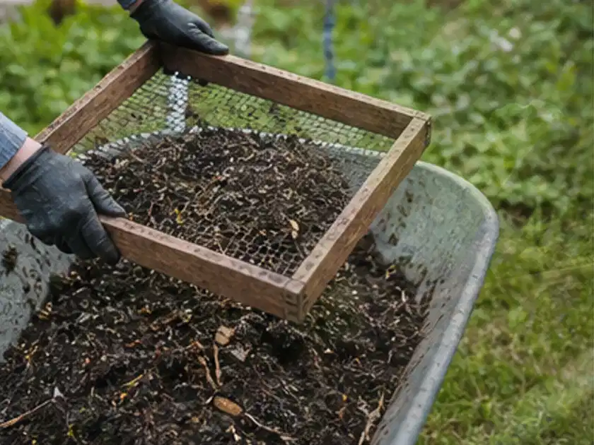 Behandschuhte Hände sieben reifen Kompost über einer Gartenschubkarre; Thema Bohnen, Schwerpunkt Sortenwahl; Titelbild.