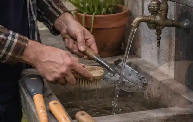 Hände reinigen gebrauchte Gartengeräte mit Bürste und Wasser am Außenbecken; Thema Bosch Indego, Schwerpunkt Anwendung; Kontrolle.