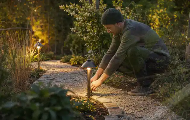 Person richtet eine niedrige warm leuchtende Gartenlampe am Kiesweg aus; Thema Bosch Indego, Schwerpunkt Bestenliste; Ergebnis.