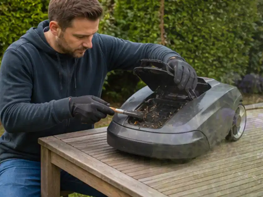 Person wartet einen geöffneten Mähroboter auf einem stabilen Gartentisch; Thema Bosch Indego, Schwerpunkt Checkliste; Titelbild.