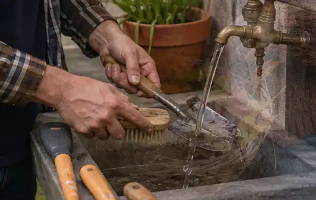 Hände reinigen gebrauchte Gartengeräte mit Bürste und Wasser am Außenbecken; Thema Bosch Indego, Schwerpunkt Dimensionierung; Umsetzung.