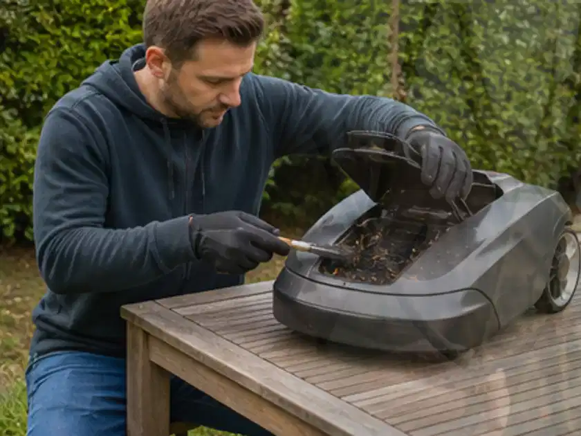 Person wartet einen geöffneten Mähroboter auf einem stabilen Gartentisch; Thema Bosch Indego, Schwerpunkt Ersatzteile; Titelbild.