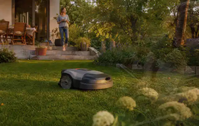 Mähroboter fährt am Abend über einen Rasen im Familiengarten; Thema Bosch Indego, Schwerpunkt Ersatzteile; Praxisalltag.