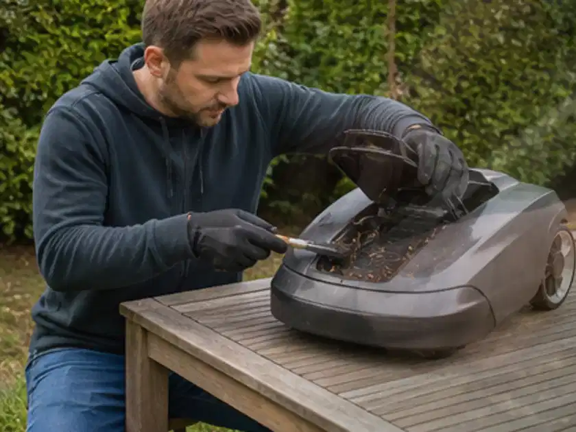 Person wartet einen geöffneten Mähroboter auf einem stabilen Gartentisch; Thema Bosch Indego, Schwerpunkt Fehlerhilfe; Titelbild.