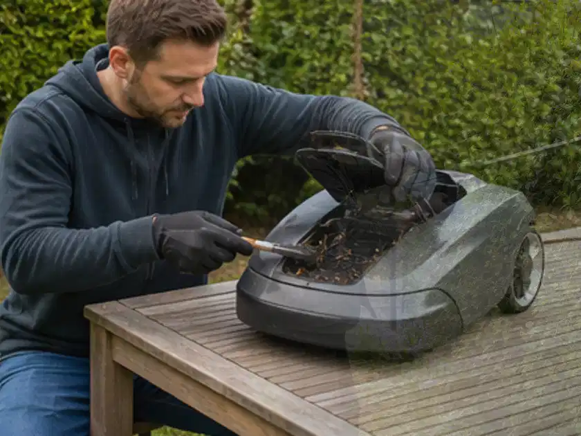 Person wartet einen geöffneten Mähroboter auf einem stabilen Gartentisch; Thema Bosch Indego, Schwerpunkt Gärten mit großer Fläche; Titelbild.