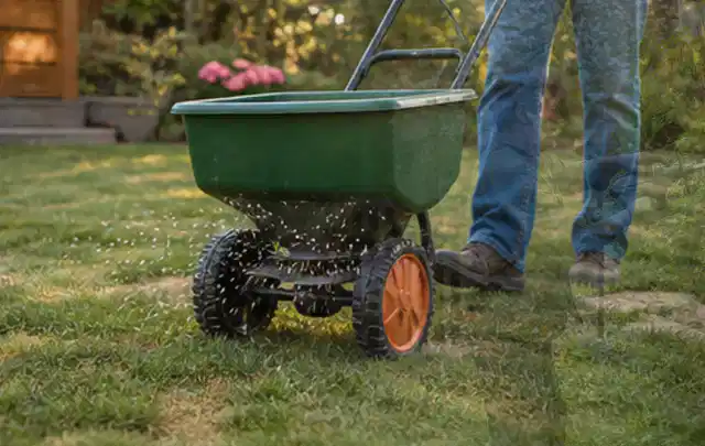 Person verteilt Rasensamen mit einem Streuwagen auf einer lückigen Fläche; Thema Bosch Indego, Schwerpunkt Gärten mit großer Fläche; Ausgangslage.