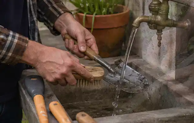 Hände reinigen gebrauchte Gartengeräte mit Bürste und Wasser am Außenbecken; Thema Bosch Indego, Schwerpunkt Gärten mit großer Fläche; Kontrolle.