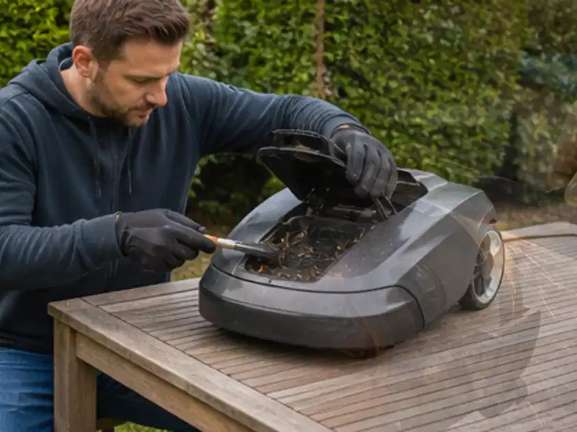 Person wartet einen geöffneten Mähroboter auf einem stabilen Gartentisch; Thema Bosch Indego, Schwerpunkt Kaufberatung; Titelbild.