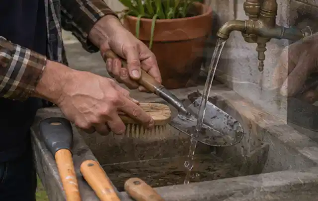Hände reinigen gebrauchte Gartengeräte mit Bürste und Wasser am Außenbecken; Thema Bosch Indego, Schwerpunkt Kaufberatung; Ausgangslage.