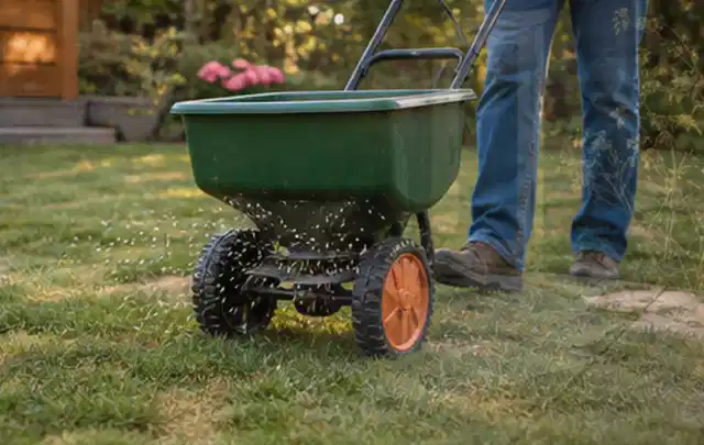 Person verteilt Rasensamen mit einem Streuwagen auf einer lückigen Fläche; Thema Bosch Indego, Schwerpunkt Kaufberatung; Umsetzung.