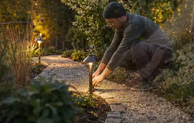 Person richtet eine niedrige warm leuchtende Gartenlampe am Kiesweg aus; Thema Bosch Indego, Schwerpunkt Kaufberatung; Kontrolle.