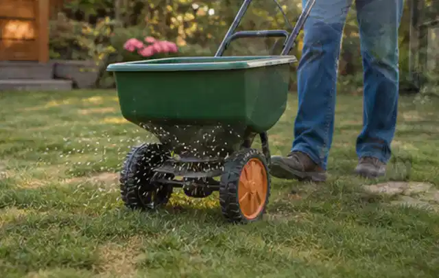 Person verteilt Rasensamen mit einem Streuwagen auf einer lückigen Fläche; Thema Bosch Indego, Schwerpunkt Leistung; Ergebnis.