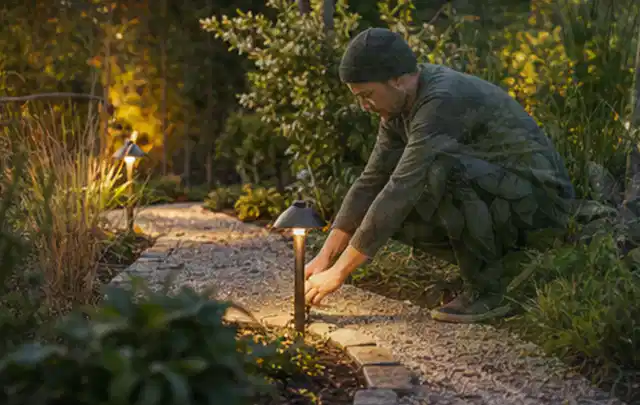 Person richtet eine niedrige warm leuchtende Gartenlampe am Kiesweg aus; Thema Bosch Indego, Schwerpunkt Nachhaltigkeit; Umsetzung.