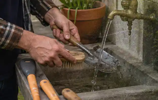 Hände reinigen gebrauchte Gartengeräte mit Bürste und Wasser am Außenbecken; Thema Bosch Indego, Schwerpunkt Nachhaltigkeit; Ergebnis.