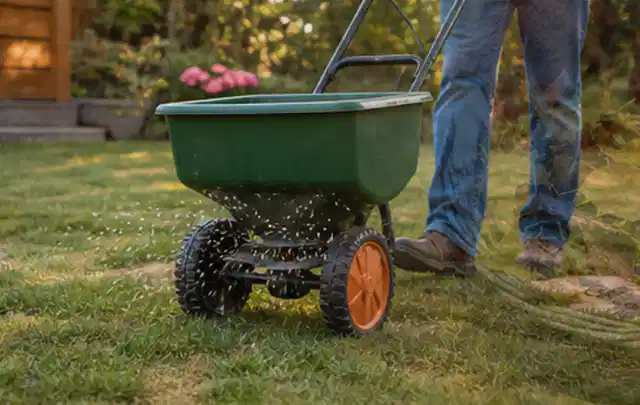 Person verteilt Rasensamen mit einem Streuwagen auf einer lückigen Fläche; Thema Bosch Indego, Schwerpunkt Reinigung; Umsetzung.