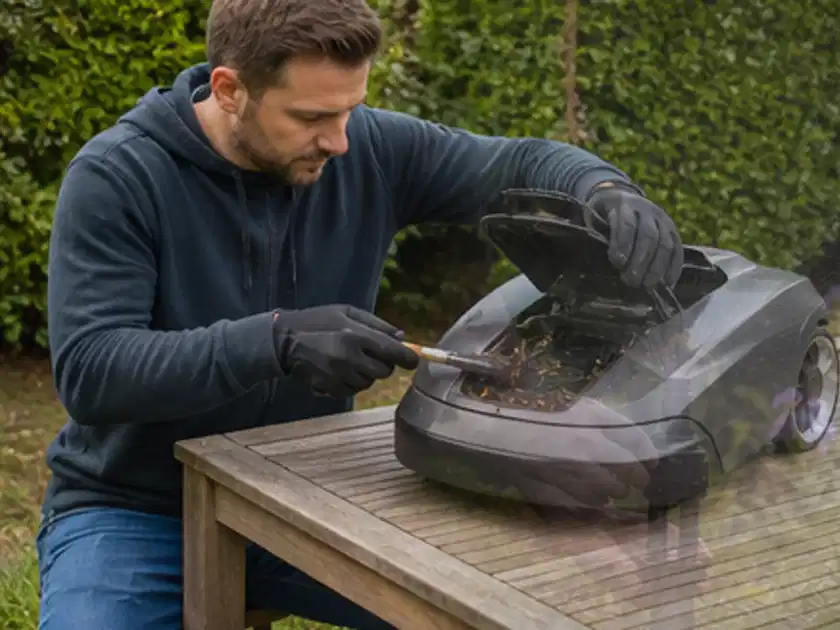 Person wartet einen geöffneten Mähroboter auf einem stabilen Gartentisch; Thema Bosch Indego, Schwerpunkt Sicherheit; Titelbild.