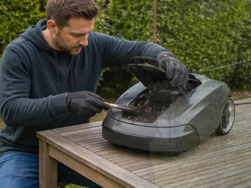 Person wartet einen geöffneten Mähroboter auf einem stabilen Gartentisch; Thema Bosch Indego, Schwerpunkt Systemvergleich; Titelbild.